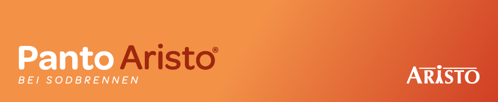 Logo Panto Aristo bei Sodbrennen. Logo Aristo. Orangefarbener Hintergrund.