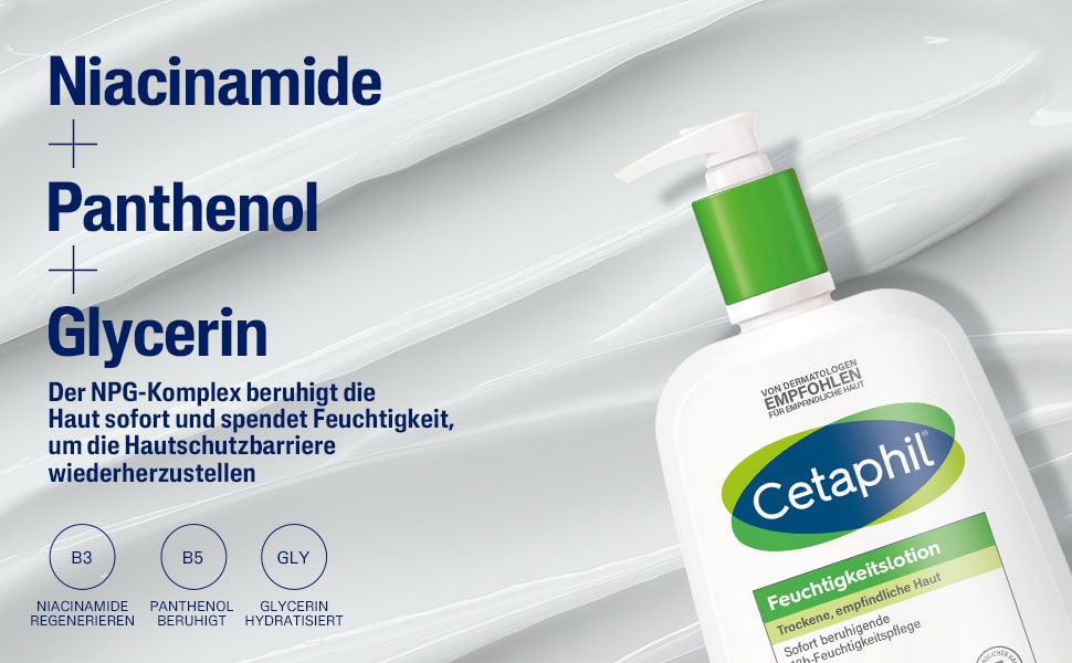 Nahaufnahme von Creme mit Inhaltsstoffen: Niacinamid, Panthenol, Glycerin. Text: NPG-Komplex beruhigt die Haut.