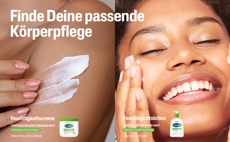Zwei Personen, eine trägt Creme auf, die andere auf Gesicht. Text: Finde Deine passende Körperpflege.