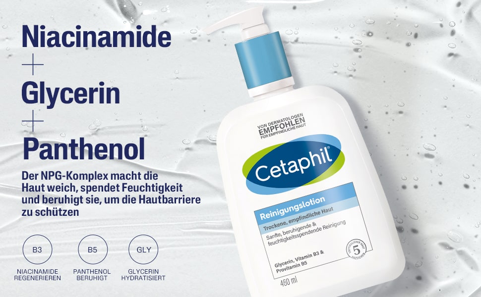 Flasche mit blauem Pumpkopf. Text: Niacinamid, Glycerin, Panthenol. 460 ml.