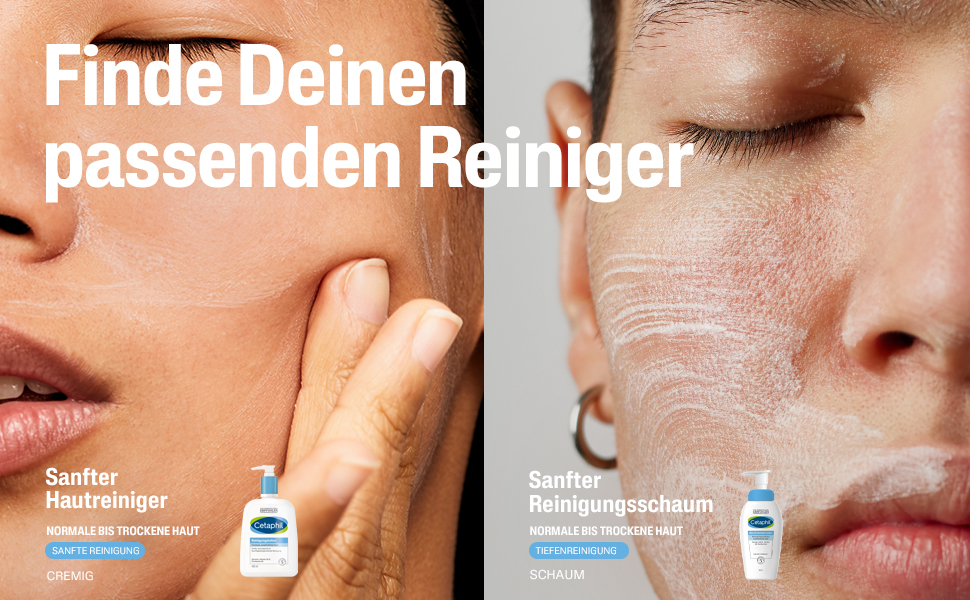 Vergleich: Sanfter Hautreiniger und Reinigungsschaum. Produkte und Text.