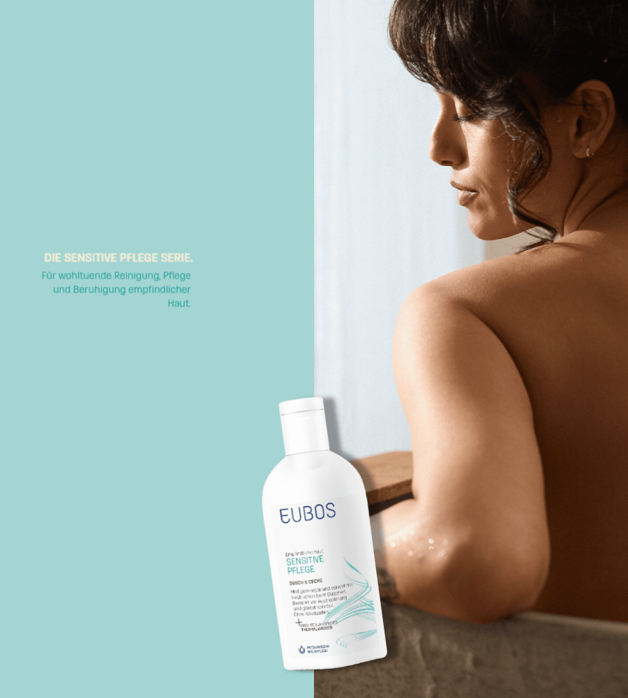 Frau in Badewanne. EUBOS Sensitive Pflege Flasche. Text: Die Sensitive Pflege Serie.
