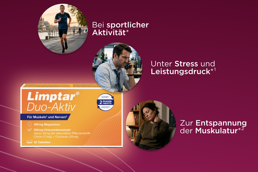 Limptar Duo-Aktiv: Ein starkes Duo für Muskeln und Nerven. Zeigt Akrobaten und die Produktverpackung.