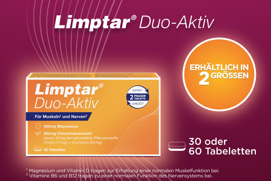 Limptar Duo-Aktiv: 2-Phasen-Tablette. Sofort-Phase (30 Min.) und Langzeit-Phase (8 Std.) für Magnesium.