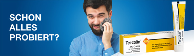 Text auf blauem Hintergrund. 4 Check-Symbole. Text: Behandlung von Pilzerkrankungen, entzündlichen Hautveränderungen, etc.