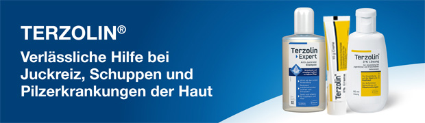 Terzolin® Produkte: Shampoo, 2% Creme und Lösung. Text: Hilfe bei Juckreiz, Schuppen und Pilzerkrankungen der Haut.