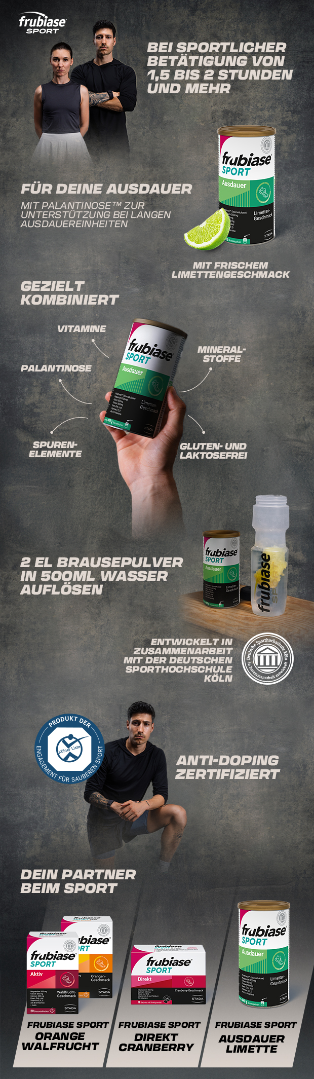 Text und verschiedene frubiase® SPORT Produkte. Text: Hochdosiertes Magnesium plus zahlreiche Vitamine.