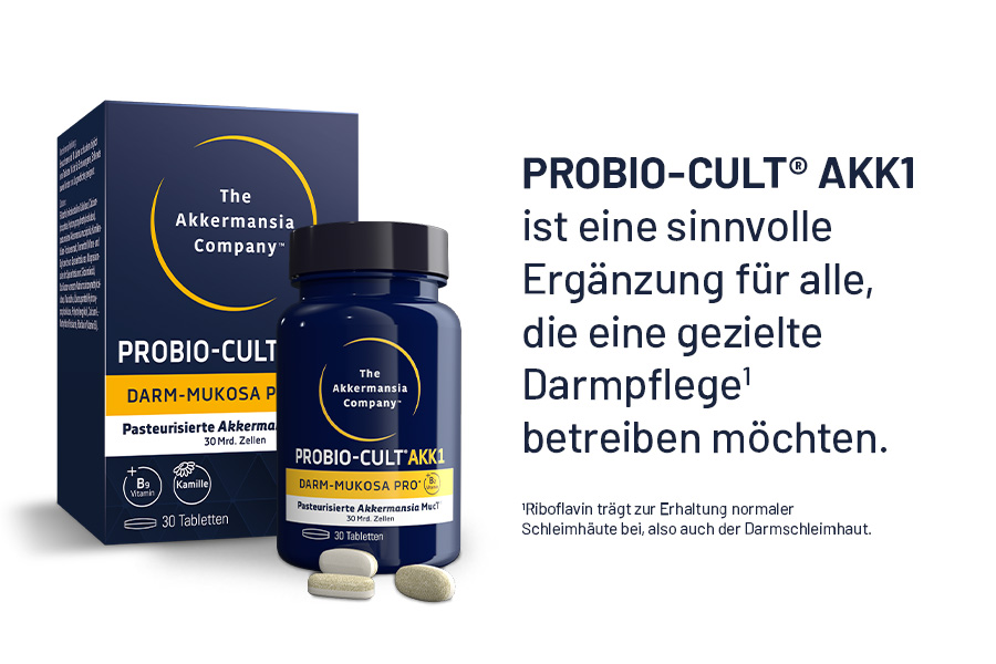 Produktverpackung und Flasche. PROBIO-CULT AKK1. 30 Tabletten. Text.