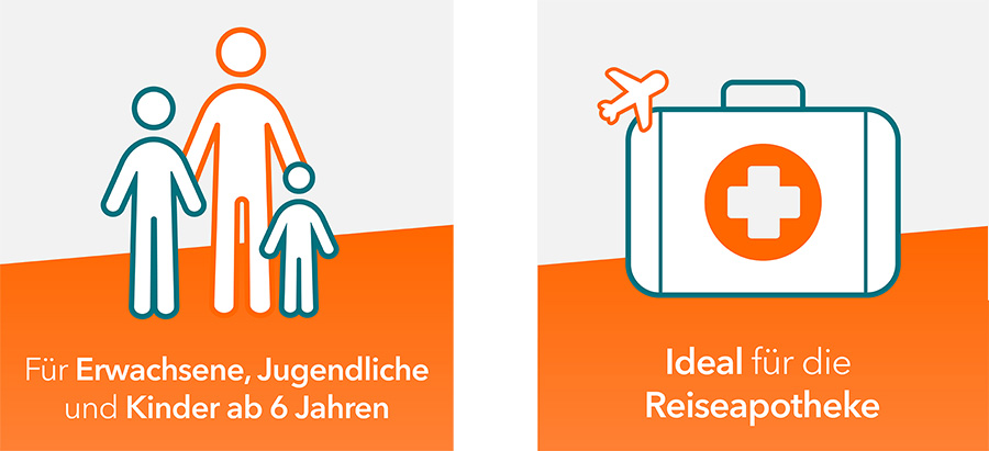 Grafik: Erwachsene und Kinder und Koffer mit Kreuz und Flugzeug. Text: Für Erwachsene, Jugendliche und Kinder ab 6 Jahren. Ideal für die Reiseapotheke.