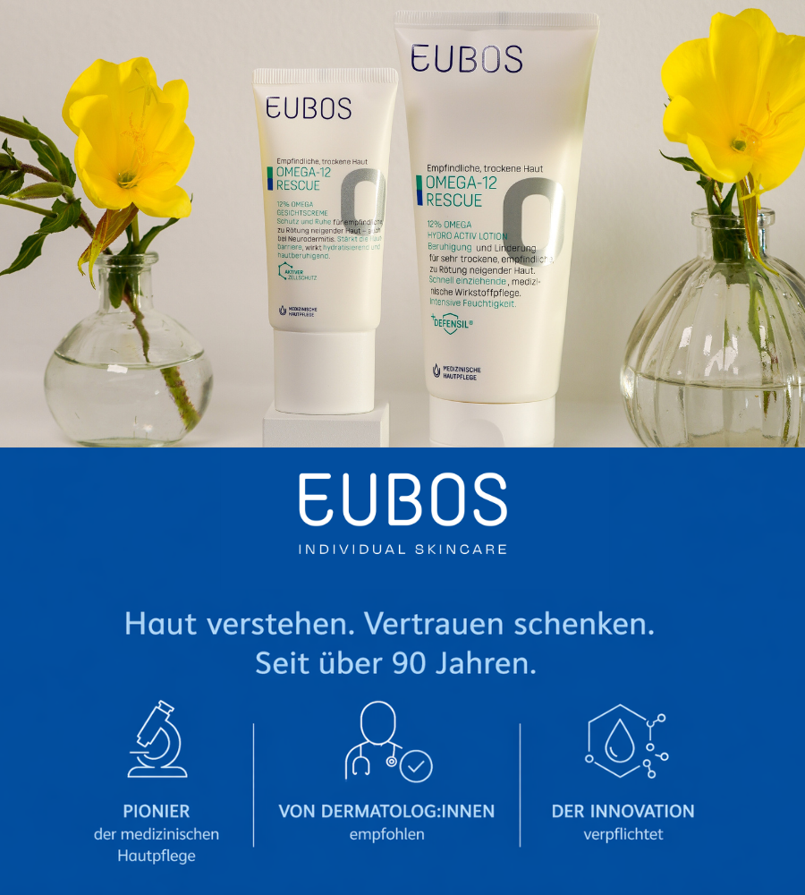 EUBOS Omega-12 Rescue Lotion. Weiße Tube mit Produktinformationen. Für trockene, empfindliche Haut.