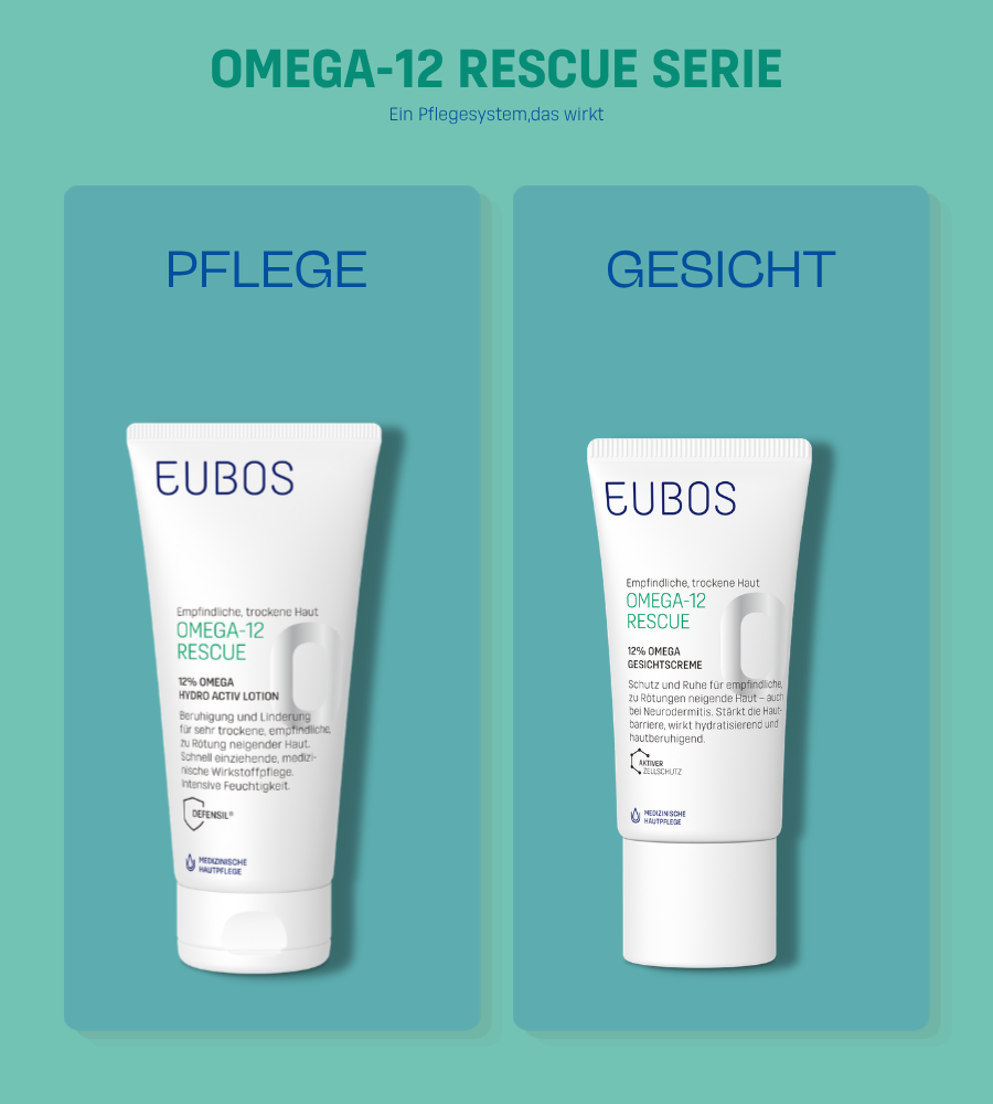 EUBOS Omega-12 Rescue Lotion. Weiße Tube mit Produktinformationen. 200 ml.