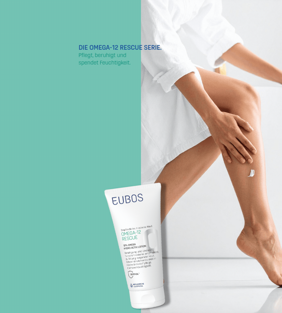 EUBOS Omega-12 Rescue Lotion. Wirkstoffkombination: Omega-3, -6, -9 Fettsäuren, Trimoist, Defensil.