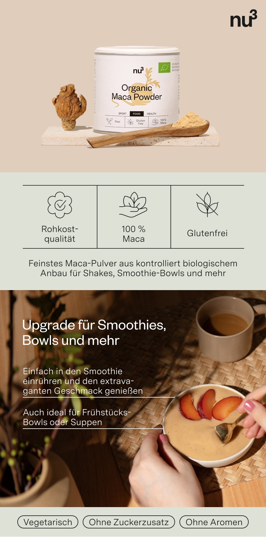 nu3 Organic Maca Powder Dose. Aufschrift: Organic Maca Powder, Sport, Food, Health. Text: Rohkostqualität, 100 % Maca, Glutenfrei.