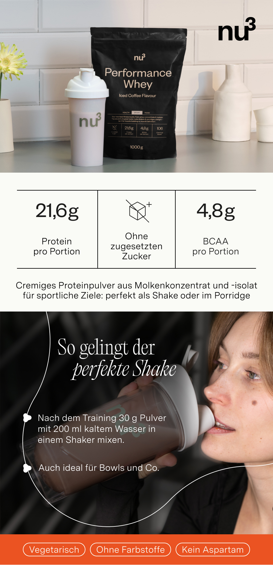 nu3 Performance Whey Iced Coffee: Über 70% Eiweiß, ohne Zuckerzusatz. Cremiges Proteinshake-Pulver.