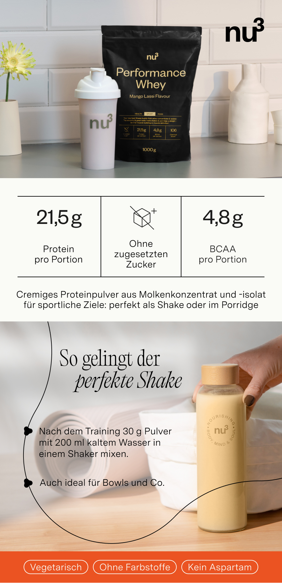 nu3 Performance Whey Mango Lassi: Beutel, Shaker, Zubereitungshinweise und Nährwertangaben.