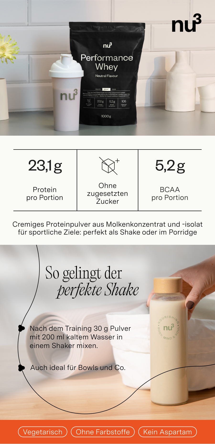 nu3 Performance Whey Neutral: Über 70% Eiweiß, ohne Zuckerzusatz, 5,2g BCAA. Cremiges Pulver aus Molkenkonzentrat und -isolat.