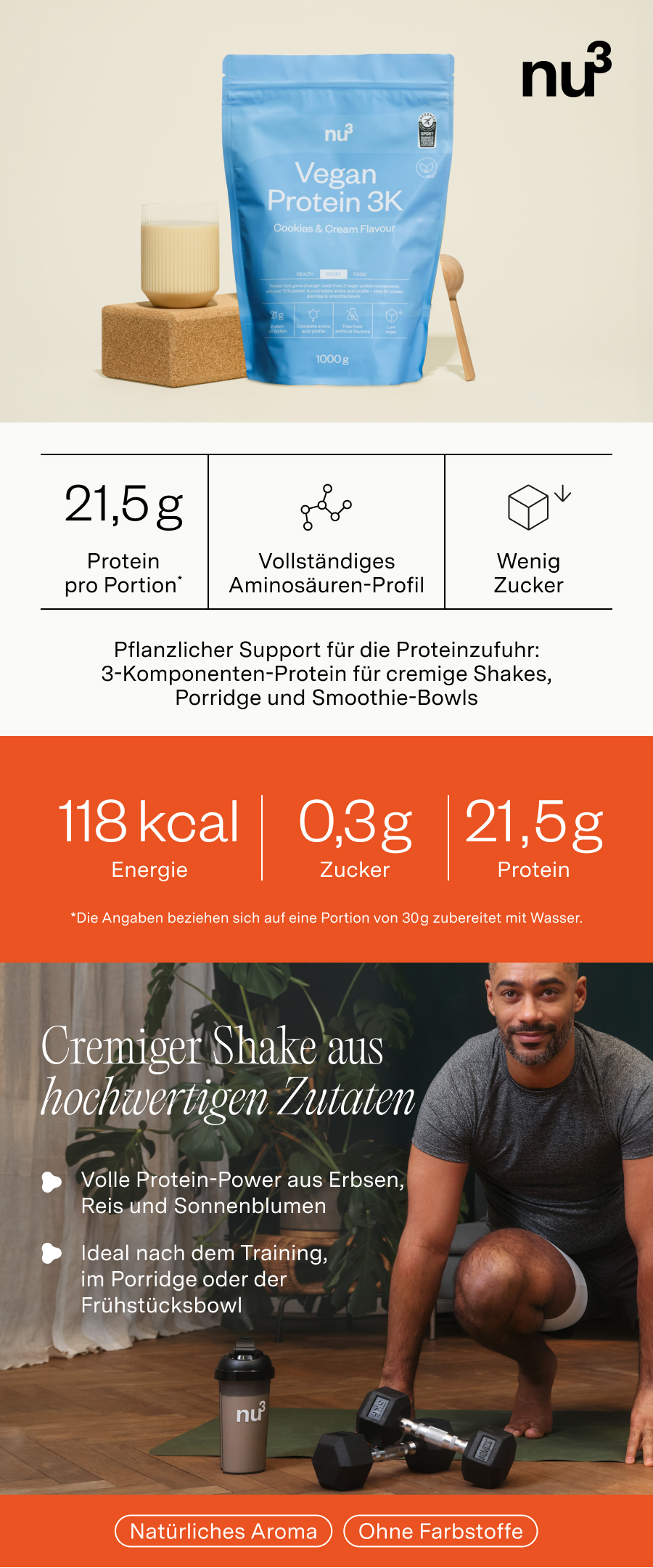 Werbebild mit 'nu3 Vegan Protein 3K'. Produktverpackung, Shake, Mann beim Training. Nährwertangaben.