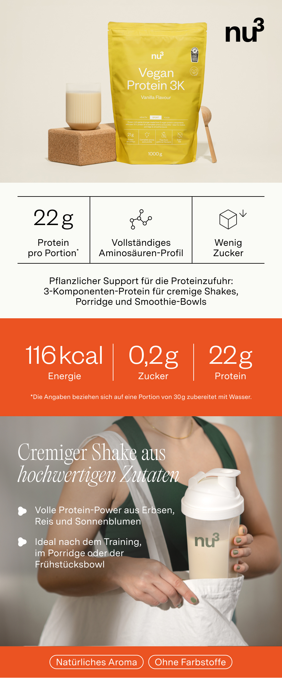 Produktabbildung mit Protein-Pulver, Shake-Becher und Text. Enthält Nährwertangaben.