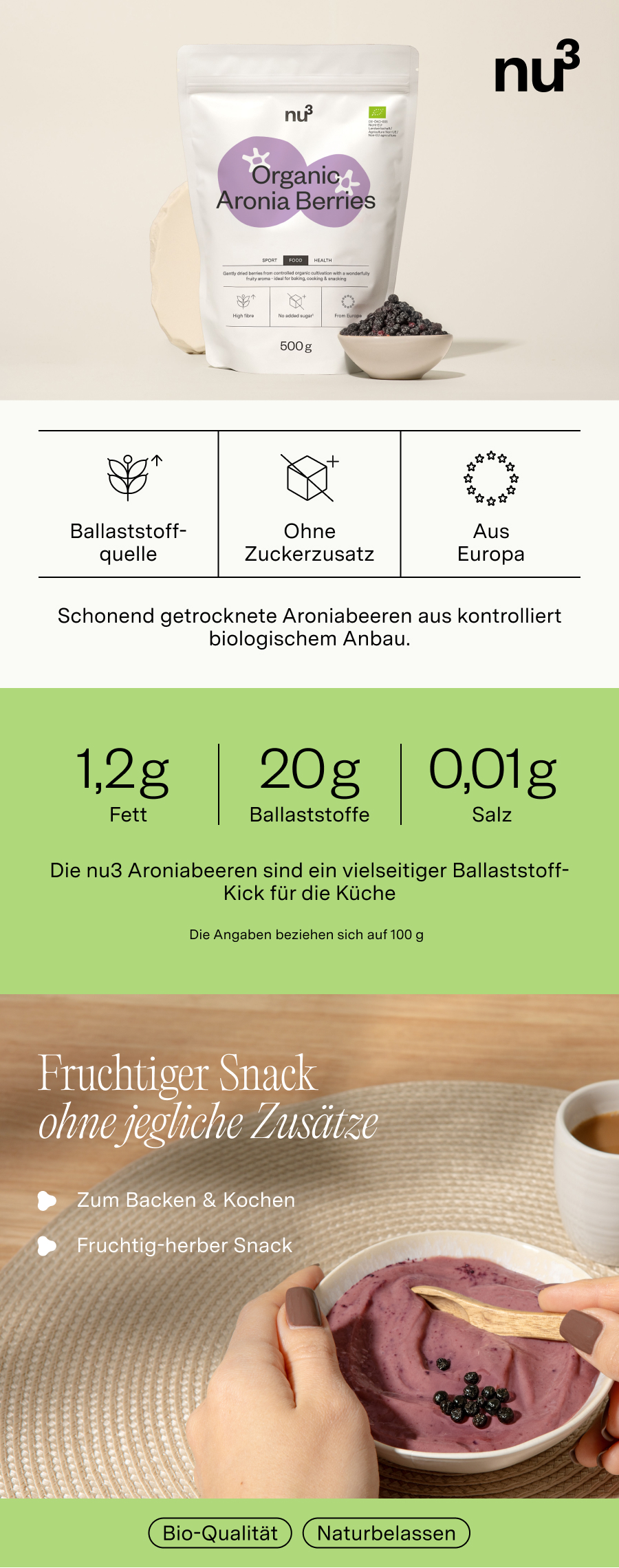 Verpackung mit nu3 Organic Aronia Berries. Enthält Informationen zu Ballaststoffen, Zucker, Salz und Herkunft. Abbildung von Aroniabeeren und Smoothie.