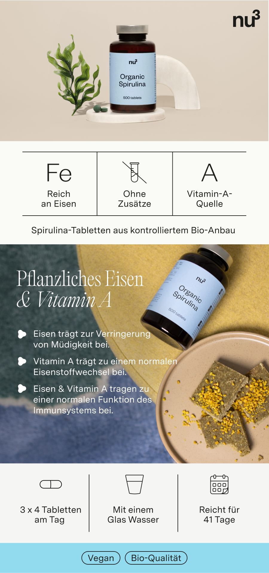 Werbebild mit nu3 Organic Spirulina. Enthält Informationen zu Eisen und Vitamin A. Abgebildet sind Tabletten und ein Glas Wasser.