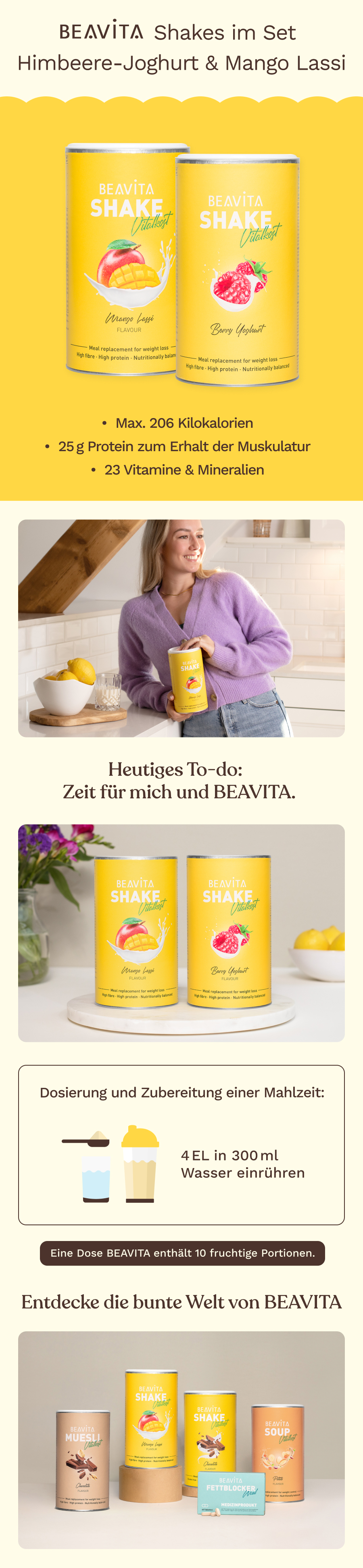 BEAVITA Shakes Set mit Himbeer-Joghurt und Mango Lassi Dosen, Frau hält eine Dose.