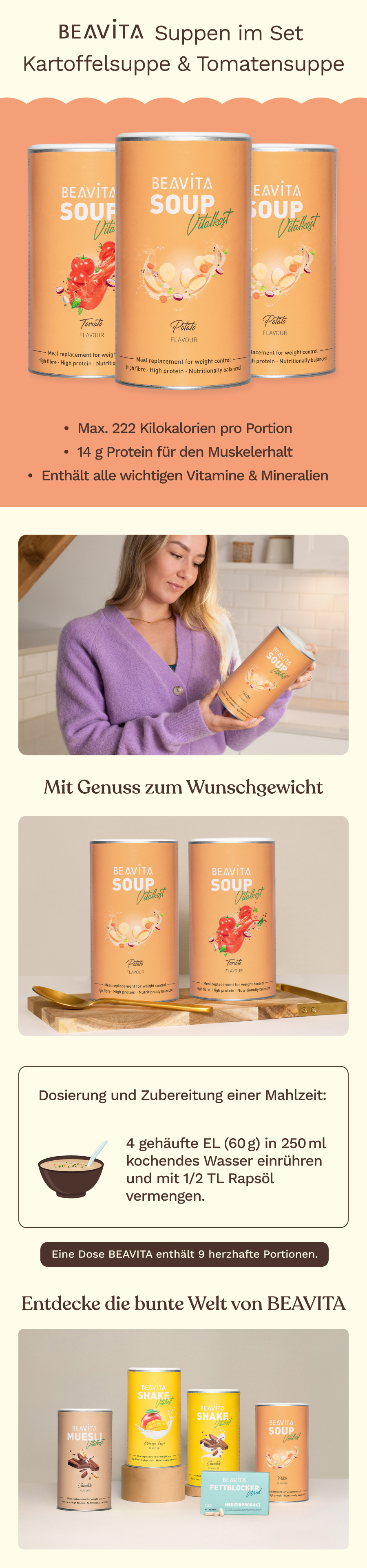 Drei Dosen BEAVITA Vitalkost Diät-Suppe in den Geschmacksrichtungen Kartoffel und Tomate.