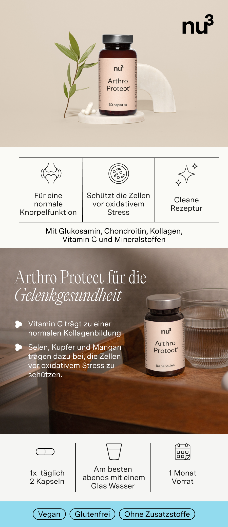 Produktabbildung mit Flasche, Kapseln und Wasserglas. Text: Arthro Protect für die Gelenkgesundheit. Inhaltsstoffe und Anwendung.