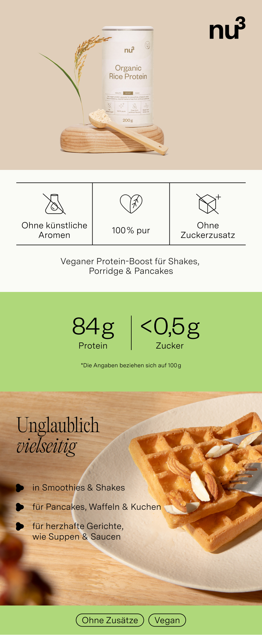 nu3 Bio Reisprotein: 84g Protein, <0,5g Zucker. Vegan, ohne künstliche Aromen und Zuckerzusatz.