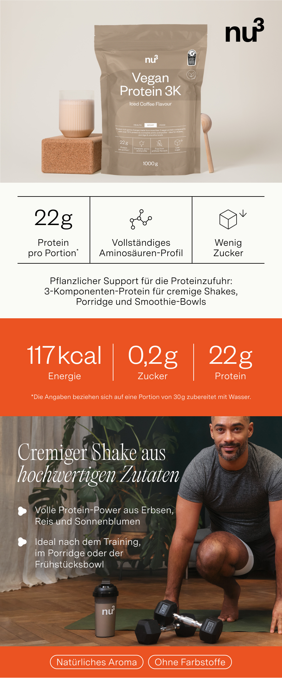 nu3 Vegan Protein 3K Iced Coffee-Beutel, Shake-Glas, Löffel, Holzblock. Nährwertangaben und Mann.