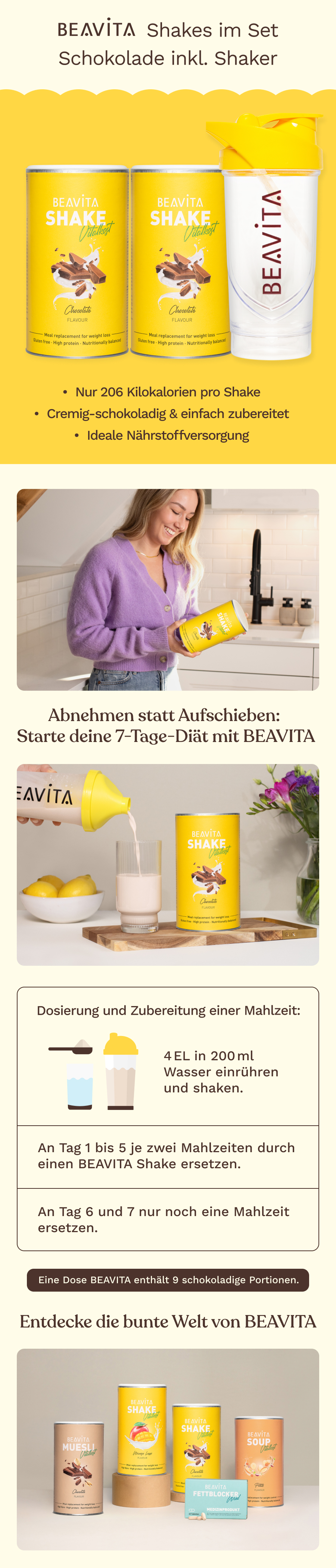 Gelbe Dose BEAVITA SHAKE Schokoladengeschmack, ein Glas Schokoladengetränk und Schokoladenstücke.