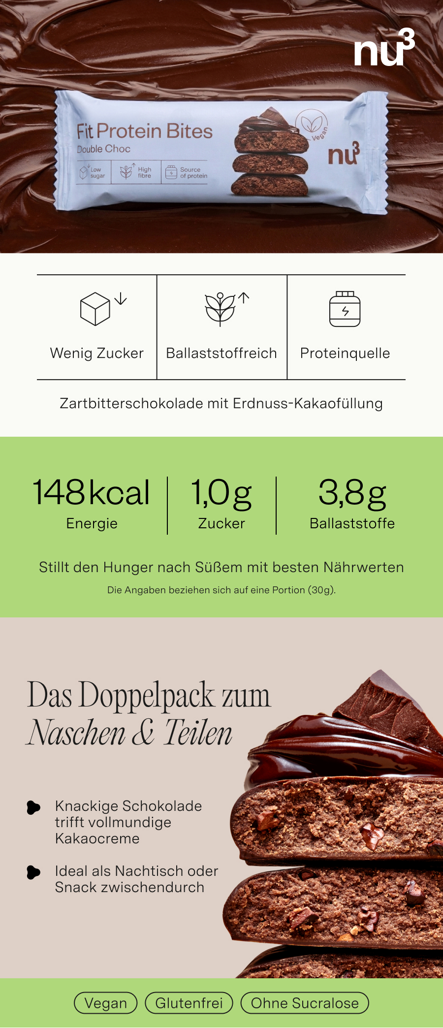 nu3 Fit Protein Bites Double Choc Riegel, vegan, zuckerarm, ballaststoffreich. Enthält Kakao und Erdnüsse.