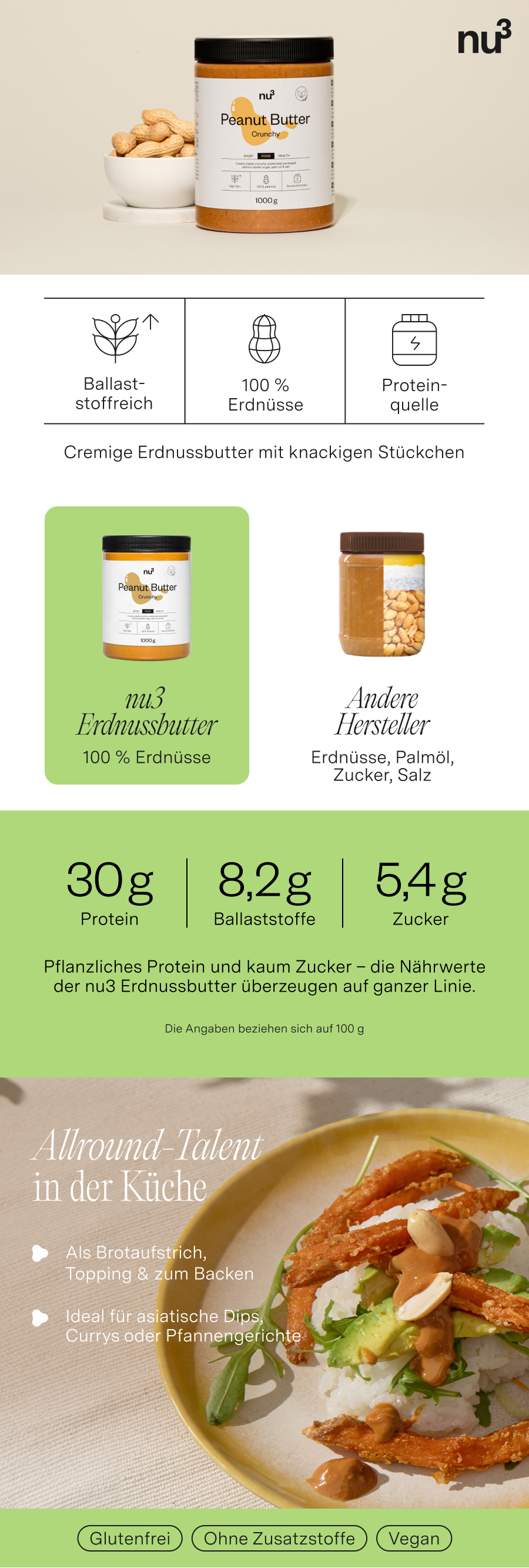 nu3 Erdnussbutter crunchy, deutsche Infografik. Produkt, Nährwerte, glutenfrei, ohne Zusatzstoffe, vegan.