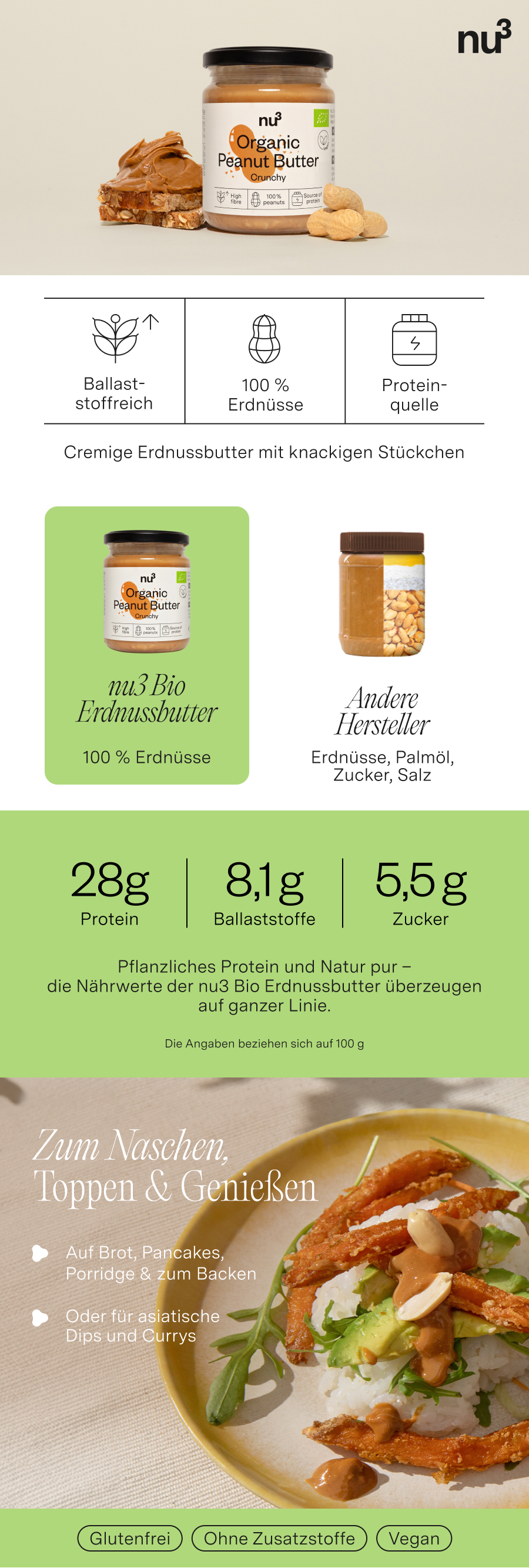 Infografik: nu3 Bio Erdnussbutter crunchy. Produkt, Nährwerte, Vorteile, Vergleich mit anderen Produkten.