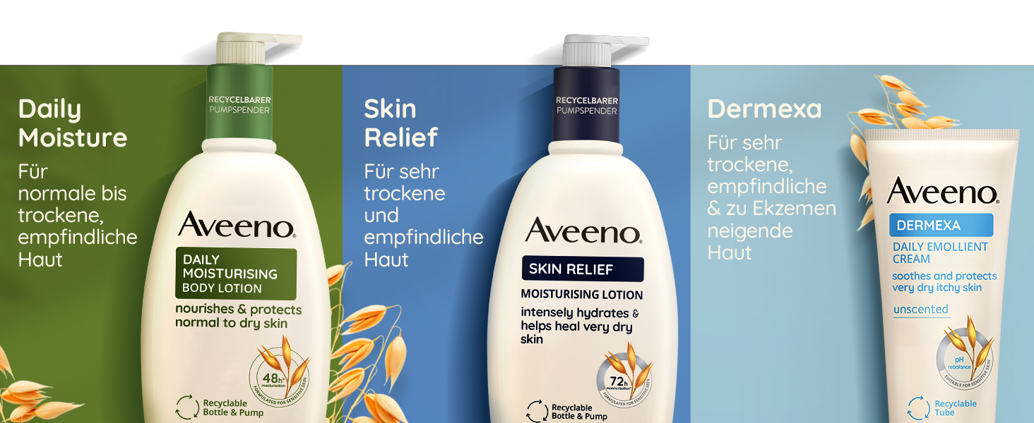 Drei Produkte: Daily Moisture, Skin Relief, Dermexa. Flaschen und Tube. Text auf den Produkten.