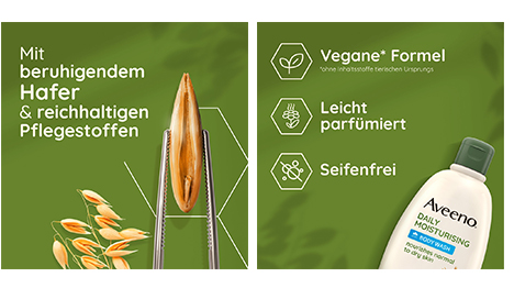 Haferkorn in Pinzette. Text: Mit beruhigendem Hafer & reichhaltigen Pflegestoffen. Vegane Formel, leicht parfümiert, seifenfrei.