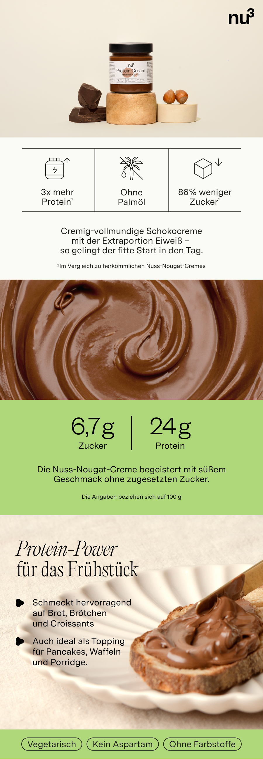 Werbefläche für Protein Cream. Produkt, Zutaten, Nährwerte, und Anwendungsideen. Aufschrift: 6,7g Zucker, 24g Protein.