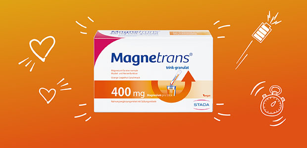 Magnetrans 400 mg Packung auf orangefarbenem Hintergrund. Mit Illustrationen von Herzen, Akku und Stoppuhr.