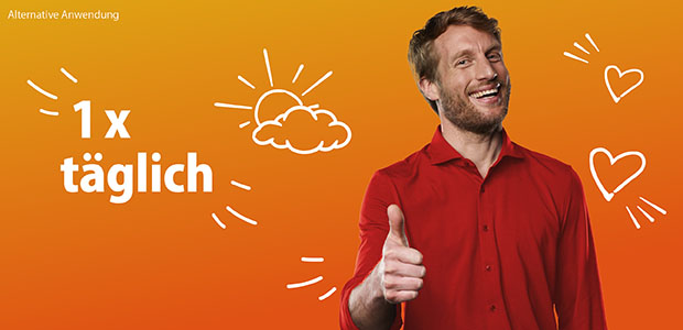 Mann lächelt und hebt Daumen. Text: 1x täglich. Hintergrund orange mit Illustrationen.
