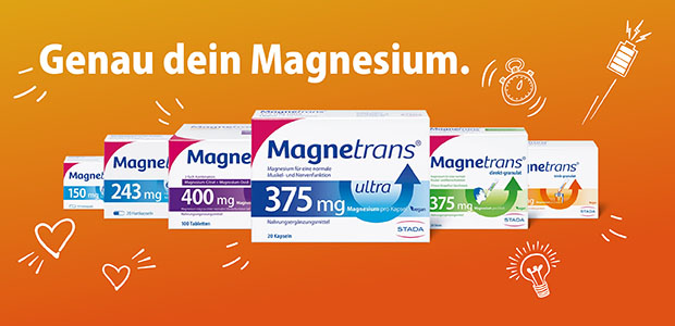 Verschiedene Magnetrans-Packungen auf orangefarbenem Hintergrund. Text: Genau dein Magnesium.