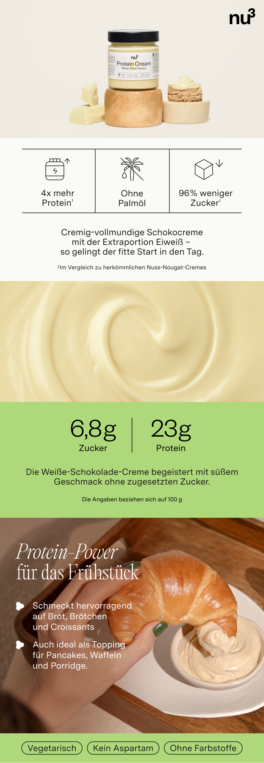 Produktabbildung mit Creme, Zutaten und Nährwertangaben. Enthält 6,8g Zucker und 23g Protein pro 100g. Ideal für Frühstück, Brote und Croissants.
