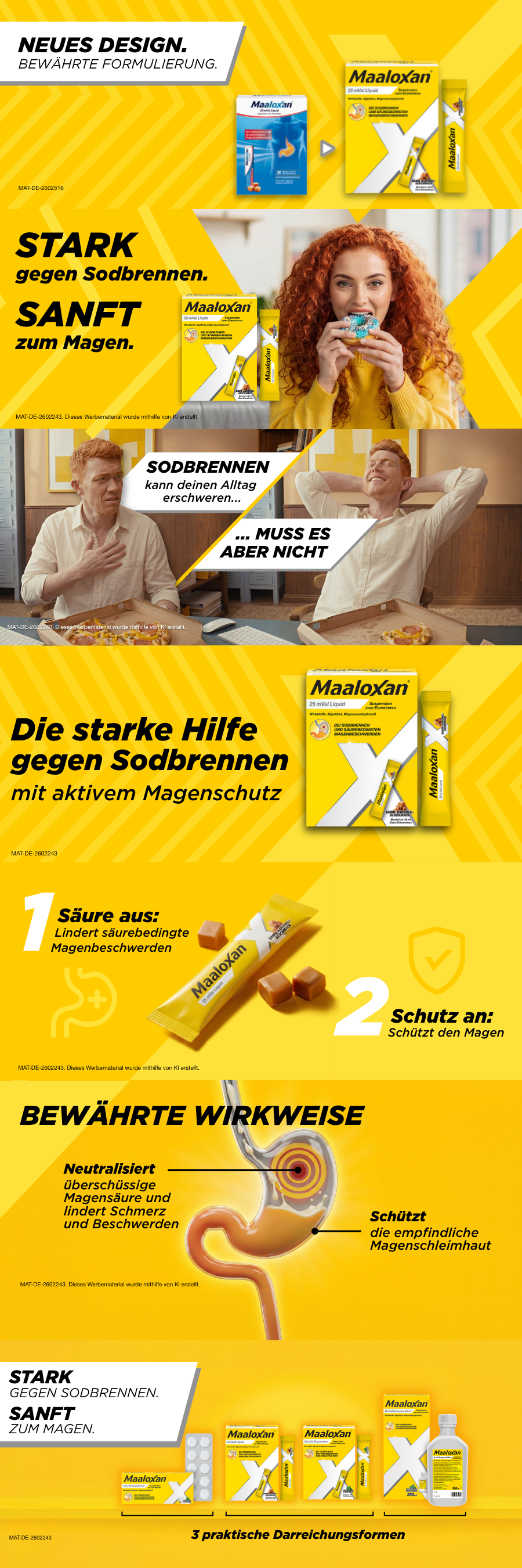 Maaloxan Packungen und Beutel auf gelbem Hintergrund mit großem X.