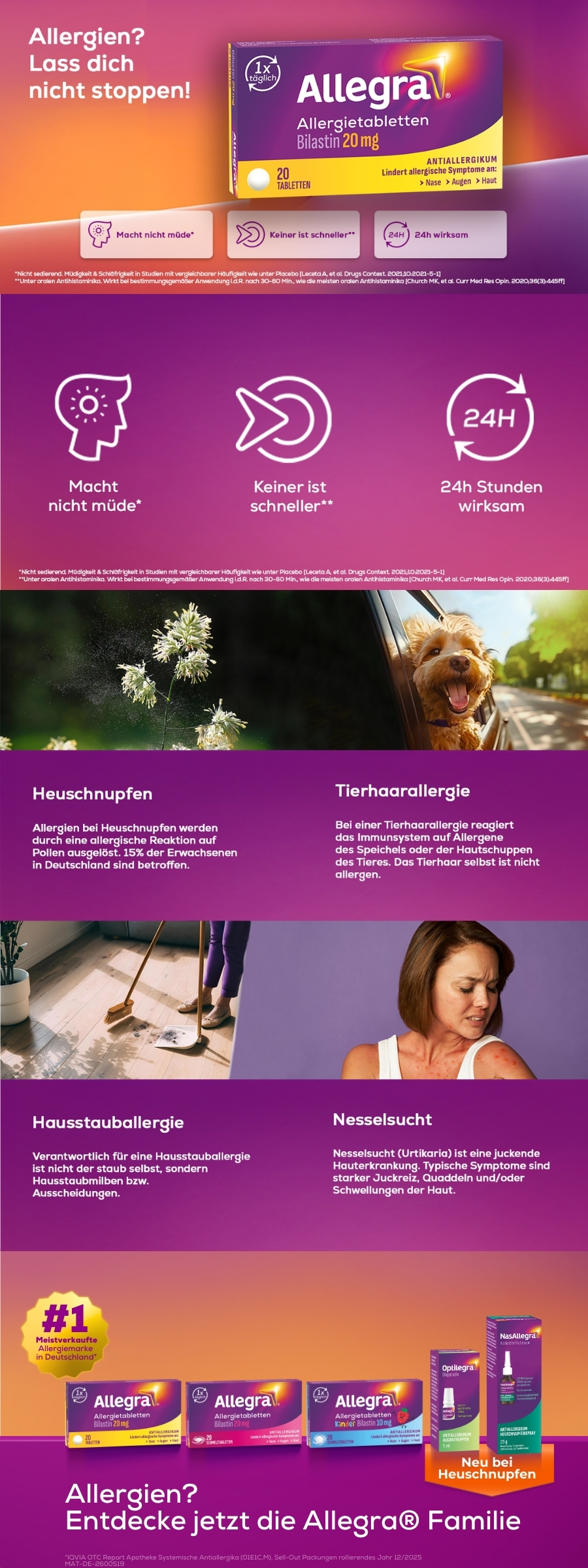 Infografik mit Allegra. Text: Allergien? Lass dich nicht stoppen! Enthält Informationen zu Symptomen und Produkten.