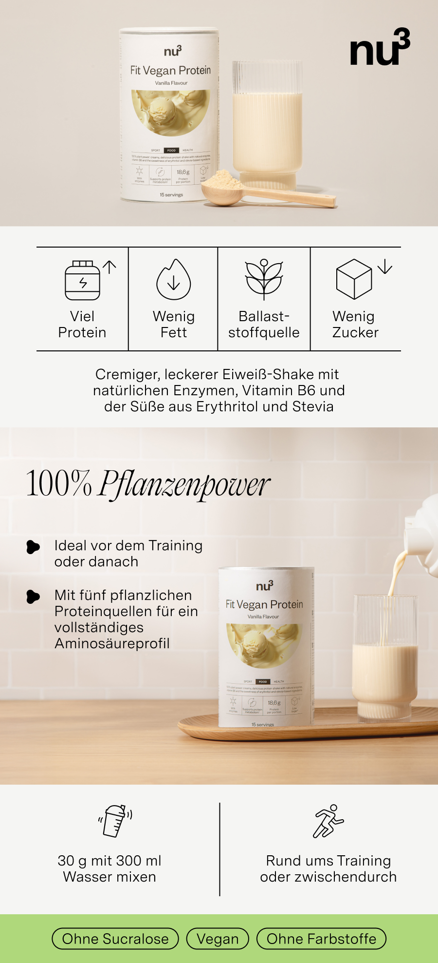 Werbebild mit nu3 Fit Vegan Protein. Dose, Glas mit Shake, Löffel. Text: Viel Protein, wenig Fett, Ballaststoffe, wenig Zucker.