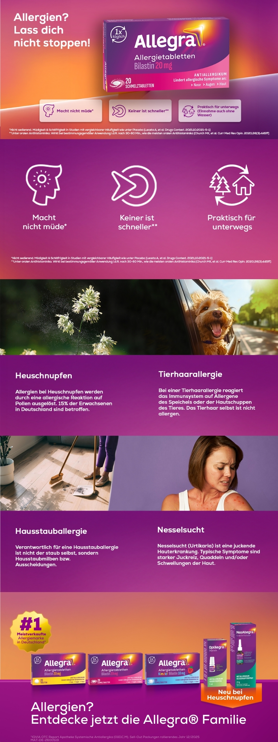 Collage mit Allegra® Produkten und Grafiken. Text: Allergien? Lass dich nicht stoppen! Informationen und Produktabbildungen.