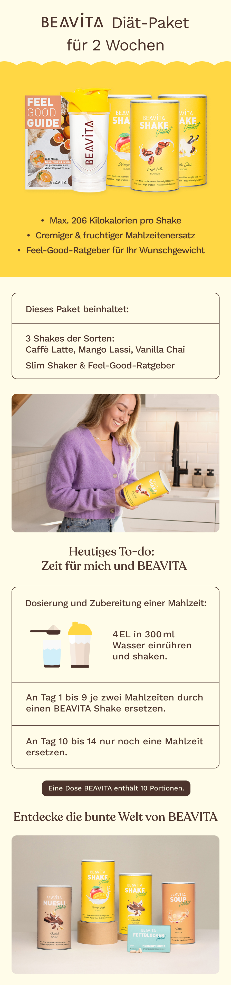 BEAVITA Diät-Paket: Shaker, drei Dosen Shake-Pulver (Caffè Latte, Mango, Vanilla Chai) und ein 'Feel Good Guide'.