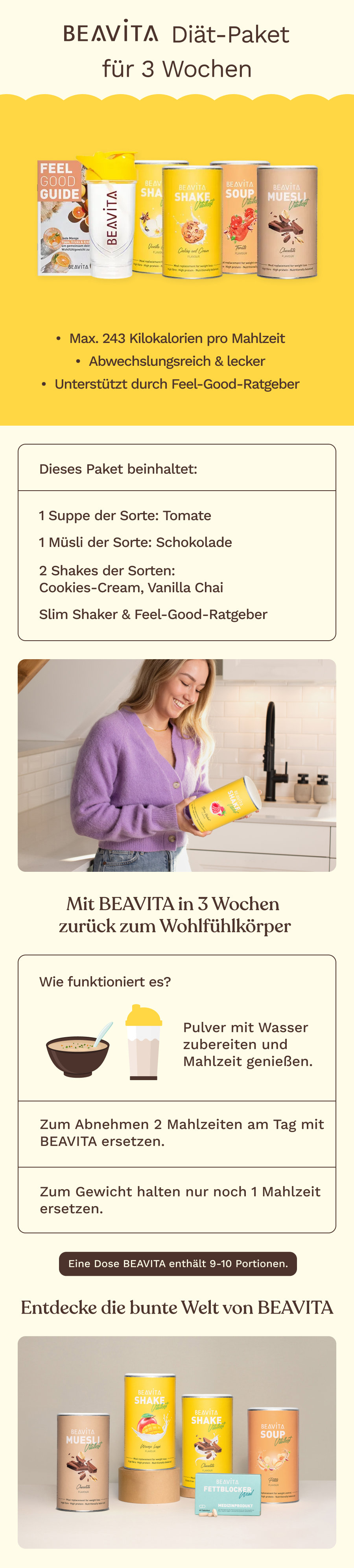 BEAVITA Diät-Paket: Shaker, 4 Dosen (Suppe, Müsli, 2x Shake) und ein Ratgeber.