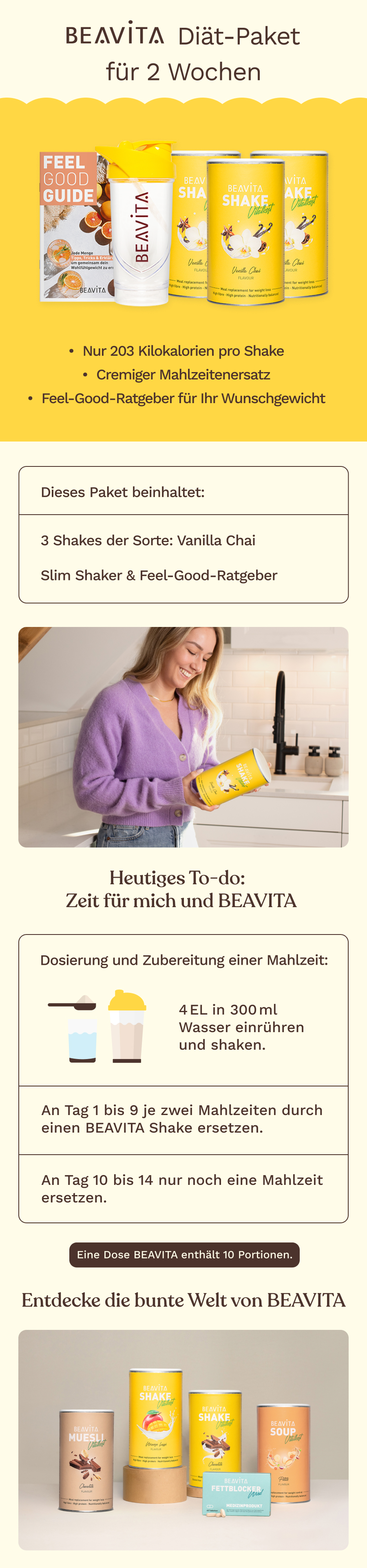 BEAVITA Diät-Paket für 2 Wochen: 3 Shakes Vanilla Chai, Slim Shaker und Feel-Good-Ratgeber.
