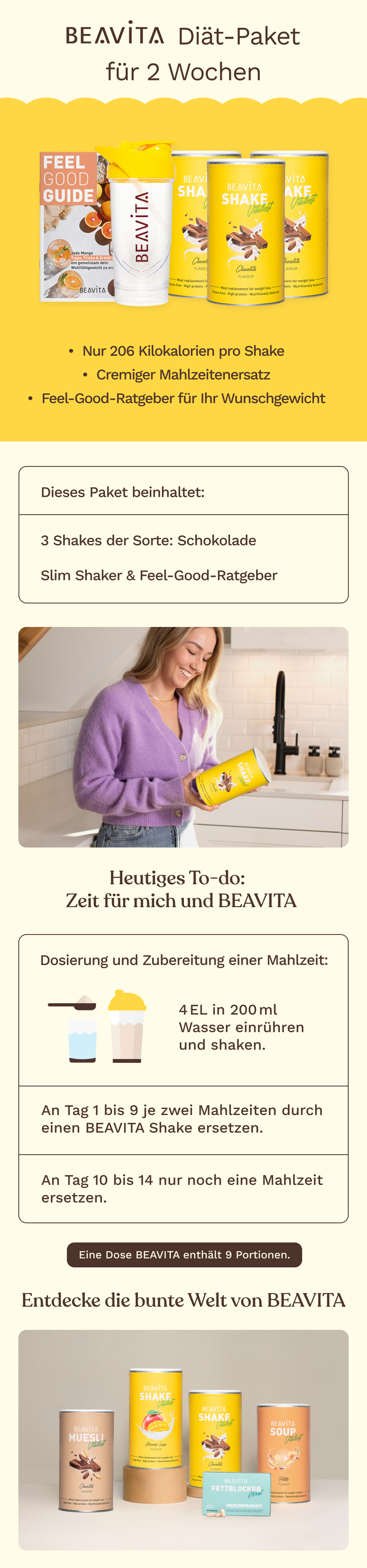 BEAVITA Diät-Paket: 3 Dosen Schoko-Shake, Slim Shaker und Feel-Good-Ratgeber.