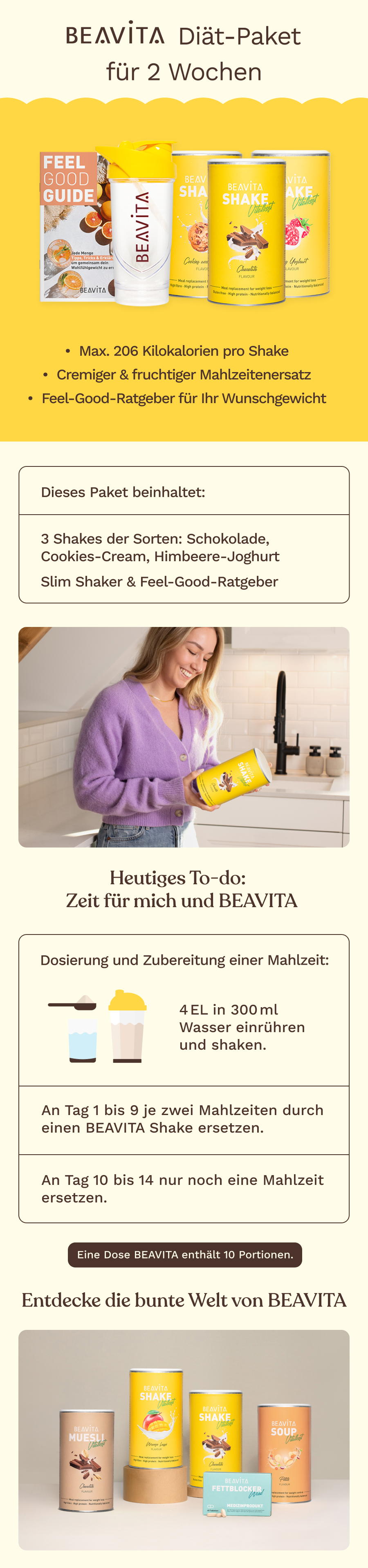 BEAVITA Diät-Paket für 2 Wochen mit Shaker, drei Dosen Shake-Pulver und Ratgeber.
