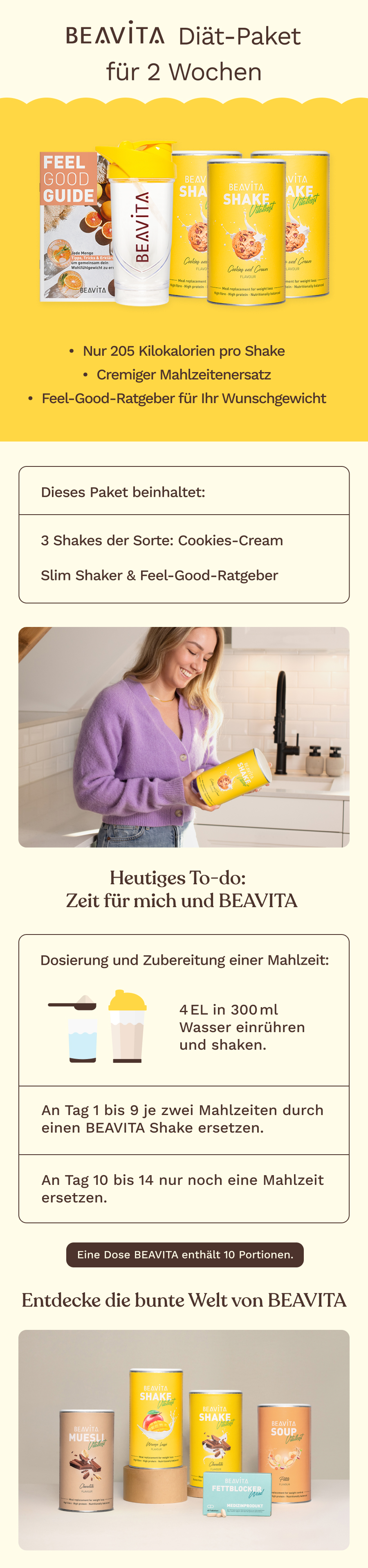 BEAVITA Diät-Paket für 2 Wochen mit 3 Dosen Cookies-Cream Shake, Slim Shaker und Ratgeber.